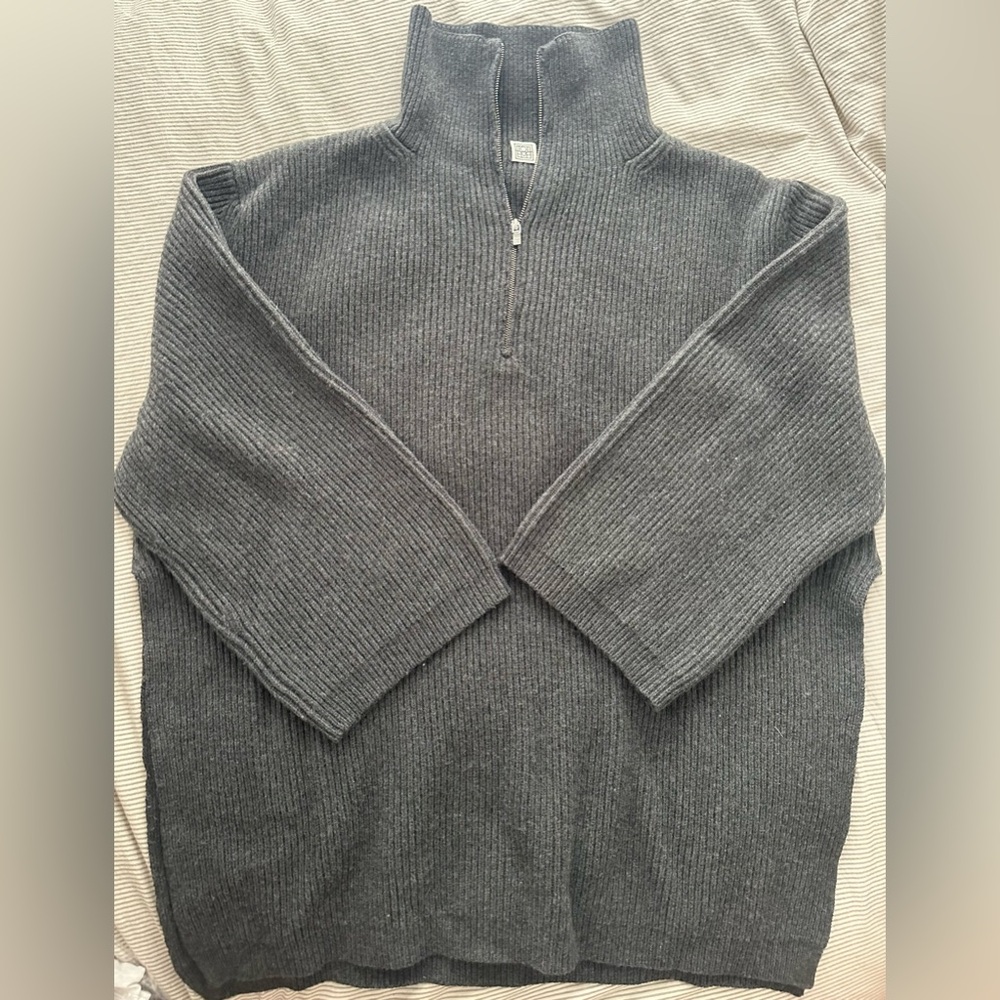 Toteme fisherman zipped wool blend roll neck sweater dark gray melange oversized - Picture 9 of 10